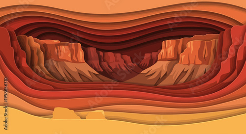 Scenic Landscape Design A Multi Layered Paper Cut Illustration of a Deep Desert Canyon with Vibrant Earth Tones for Backgrounds and Visualizations