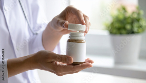 Doctor Opens a White Pill Bottle in a Bright Room During a Consultation