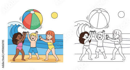 Vector illustration of cute diverse kids playing with a beach ball. Colorful and black-and-white coloring page format for children.