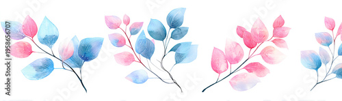 A watercolor painting presents pastel-colored leaves in shades of pink, blue, and violet. They are arranged on delicate branches, set against a white background