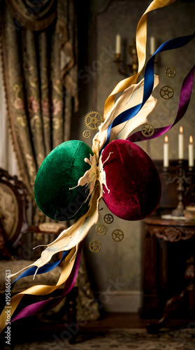 Green and red velvet eggs collide in vintage room surrounded by golden ribbons and gears.
