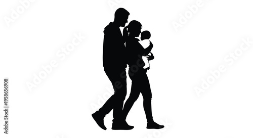 Family embracing a mother father and baby in a dark outline silhouette