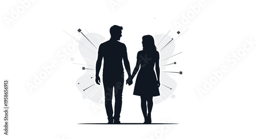 Couple holding hands radiating lines modern art black background silhouette