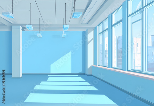 Animated, minimalist office space with large windows, bright sky, geometric light, and a pastel blue color palette