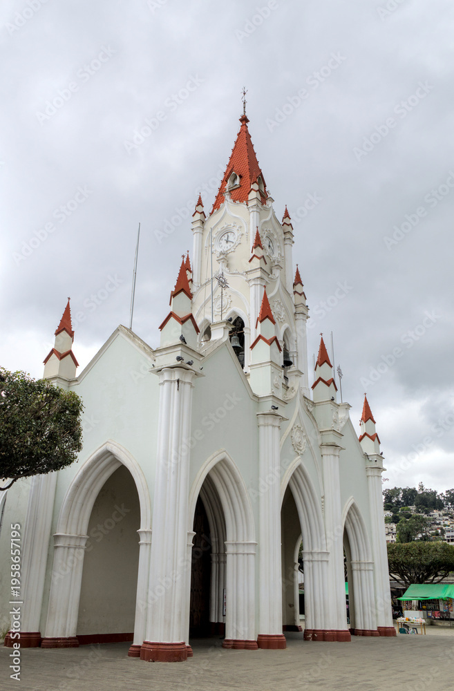 custom made wallpaper toronto digitalSantuario de San Felipe de Jesús white neo-gothic church with pointed arches, red accents under cloudy sky, historic religious architecture design.