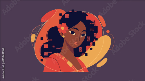 Stylized pixel art vector portrait of dark skinned woman with flower in afro hair on purple background