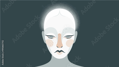 Ethereal vector illustration of white glowing woman face with closed eyes on dark green background