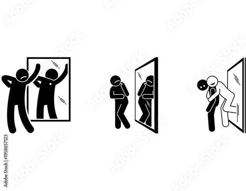 Stick figures depicting self-reflection, internal conflict, sadness, and ultimately overcoming personal struggles with one's own image in a mirror.