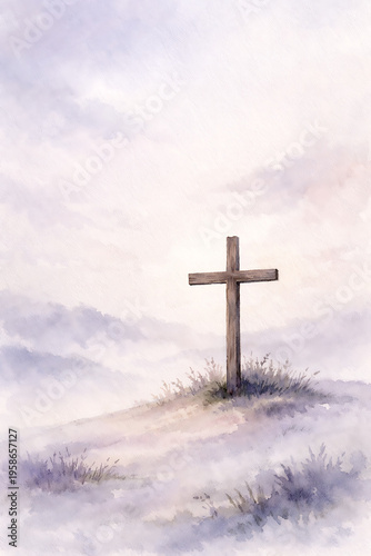 A single wooden cross stands alone on a misty hill under a soft watercolor sky for the sacred observation of good friday and jesus christ