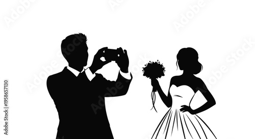 Photographer capturing a bride with a bouquet in a dark silhouette