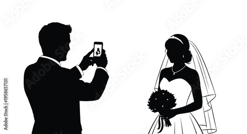 A groom photographs his bride on their wedding day a striking silhouette
