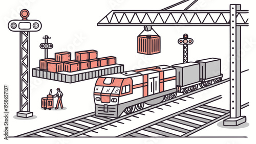 Busy railway cargo terminal with train, shipping containers, loading crane, worker, and signal lights illustrating freight logistics