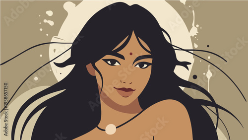 Stylized vector illustration of beautiful woman with long black hair bindi and necklace on beige circular background