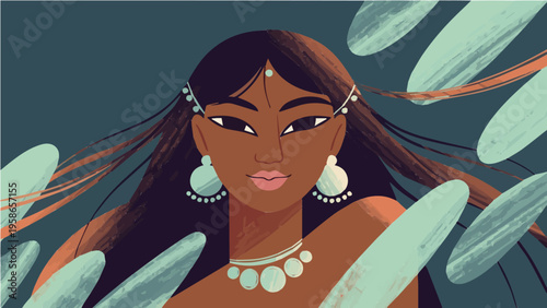 Exotic vector portrait of woman with long hair large earrings and turquoise leaves on dark teal background