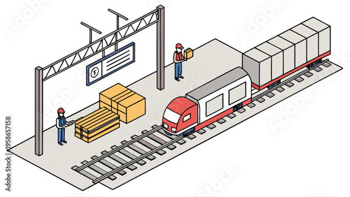 Isometric modern train station with passenger train, workers loading packages onto platform