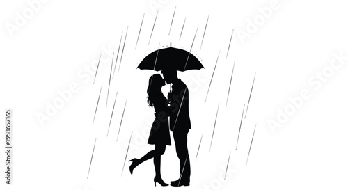 Couple sharing a kiss under an umbrella during a rainy day silhouette