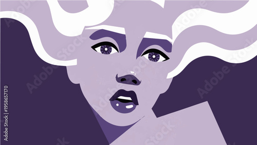 Dramatic vector portrait of woman with flowing white hair open mouth and purple tones on dark background