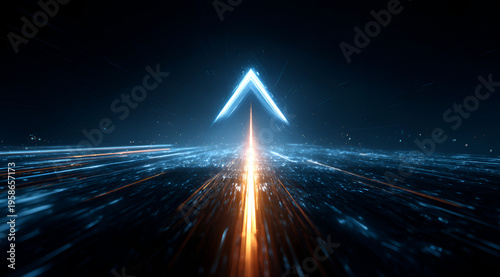Digital abstraction featuring a glowing upward arrow over a field of light trails, on a dark blue background