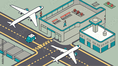 Isometric airport view with planes on runway, control tower, terminal building, workers, and car, depicting air freight and travel