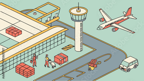 Isometric airport terminal with control tower, passenger plane, workers loading luggage and cargo, and ground vehicles for air logistics
