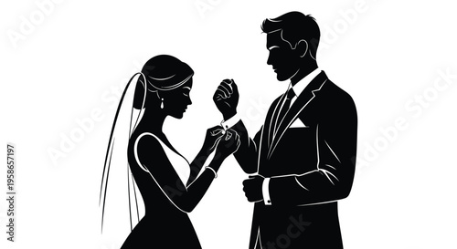 Elegant couple exchanging rings during a wedding ceremony black and white silhouette