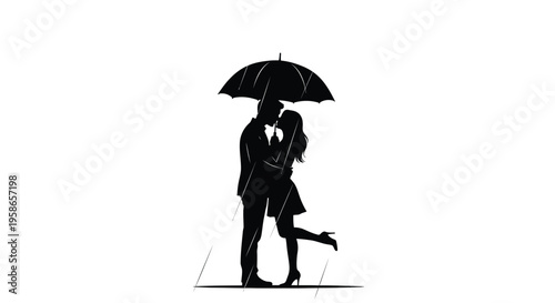 Couple sharing a romantic kiss in the rain black silhouette
