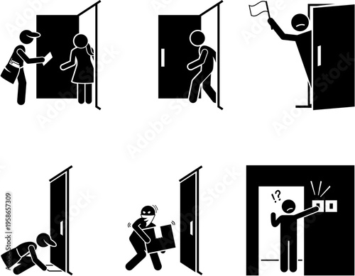 Pictograms illustrating diverse human interactions with doors, including receiving mail, entering, aggression, falling, theft, and being startled by a doorbell.