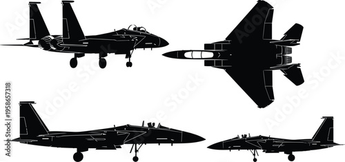 Fighter jet silhouettes set, military aircraft vector illustration with landing gear, multiple angles side and top views, aviation design isolated black shapes