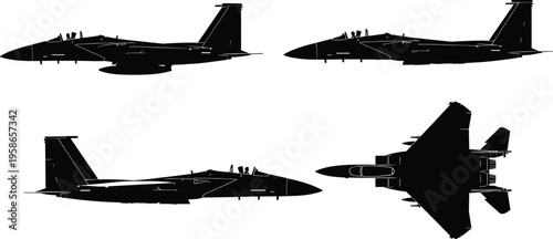 Fighter jet silhouettes set, modern military aircraft vector illustration, side and top views collection, aviation design isolated black combat warplane shapes pack