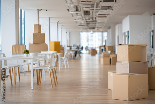 Interior perspective of an empty office space during relocation, with stacks of moving boxes, white tables, and chairs