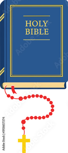 Holy Bible book with rosary and cross, Christian religious vector illustration, sacred scripture symbol isolated on white background, faith prayer worship concept design