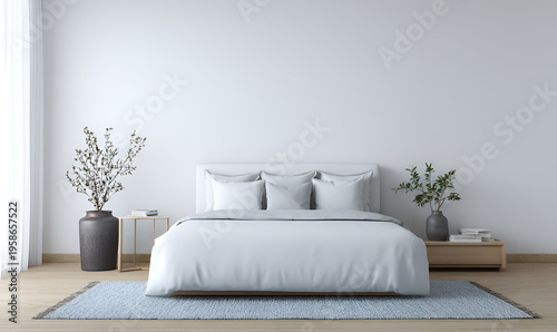 Modern bedroom interior with a large bed, minimalist decor, and natural light from a sheer curtain window. Includes potted plants