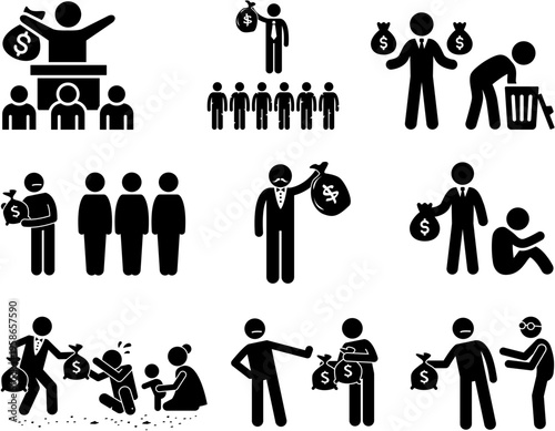 Stick figures illustrating various concepts related to money, wealth distribution, charity, poverty, and financial transactions in society.