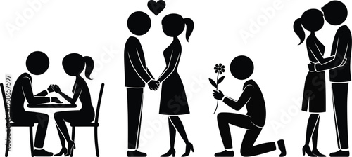 A series of black and white silhouettes depicting a couples evolving love story and sweet gestures