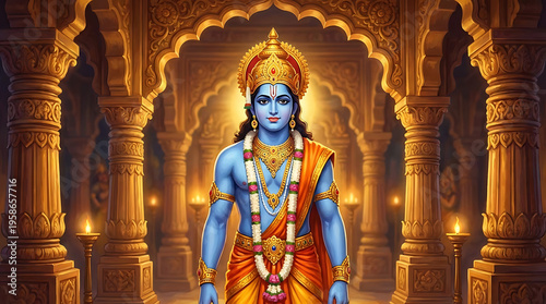 Lord rama stands in a golden temple with pillars for rama puja ram navami and dussehra festivals representing victory of good over evil in india