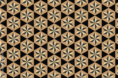 Traditional Japanese Kumiko pattern vector, geometric wood star asanoha motif, elegant brown and black hexagonal lattice background for luxury packaging
