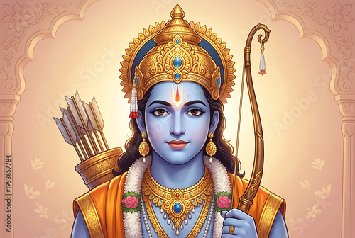 Classic portrait of lord rama holding bow for rama puja ram navami and dussehra celebration illustration showing traditional hindu deity artwork with golden crown jewelry