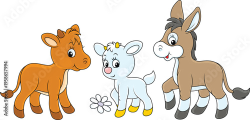 Vector cartoon set of small farm animals with a funny little kid, calf and burro