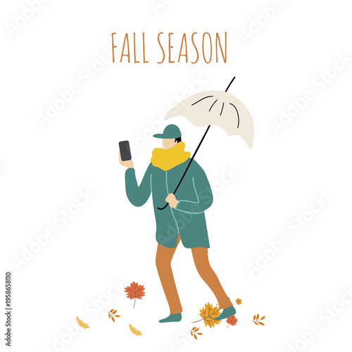 Flat vector illustration fall season, Hello autumn, cozy autumn, hand drawn vector illustration, I love leaf fall.