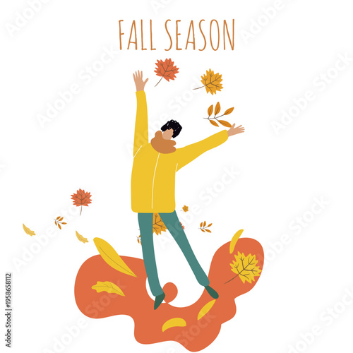 Flat vector illustration fall season, Hello autumn, cozy autumn, hand drawn vector illustration, I love leaf fall.