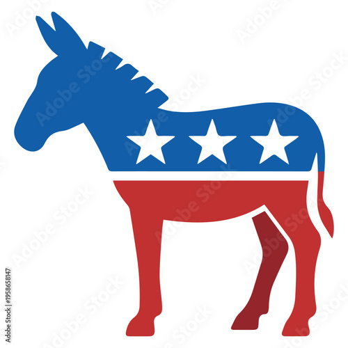 Democratic donkey political symbol, American election mascot with stars and stripes, red white and blue patriotic vector illustration for voting