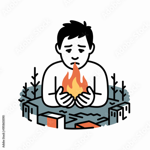 Shirtless Man Holding Flame Amidst Ruins