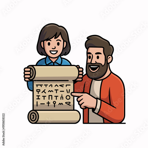 Man and Woman Holding Ancient Scroll with Runes