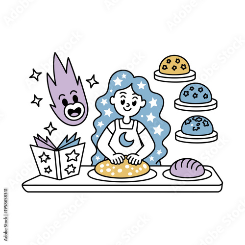 Woman Baking Cookies with Fire Head Illustration