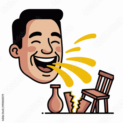 Angry Man Yelling at Broken Chair and Vase