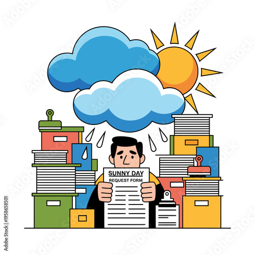 Overwhelmed Man Reading Newspaper Surrounded by Stacks of Books and Folders on Sunny Day