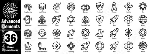 Advanced elements liner editable stocks. Featuring deep learning, smart material, future, quantum, technical, virtual reality, circuits, cyber, network, exoskeleton vector illustration.