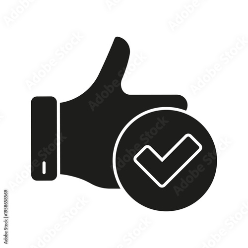 Thumbs Up With Checkmark Solid Icon. Approval, Confirmation, And Positive Feedback Silhouette Symbol. Quality Assurance And Satisfaction. Isolated Vector Illustration