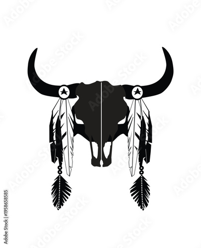 Bull Skull with Feathers and Star, black and white vector illustration