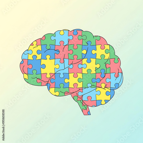 Stylized human brain depicted as colorful jigsaw puzzle, representing autism awareness and complexity